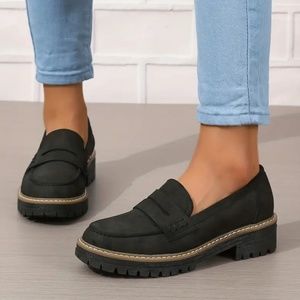 Women's Chunky Loafers, Retro Solid Color Round Toe Slip On Shoe